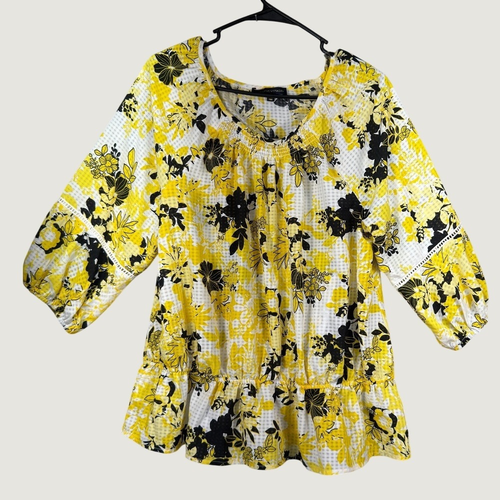Adrienne Vittadini Womens XL  Yellow Floral Blouse Textured Ruffle Tiered